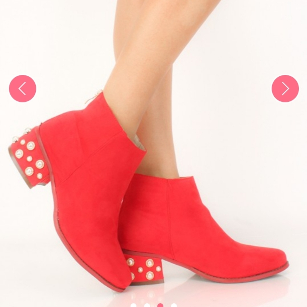 Red Faux Suede Pearl Heel Ankle Boots Size 7